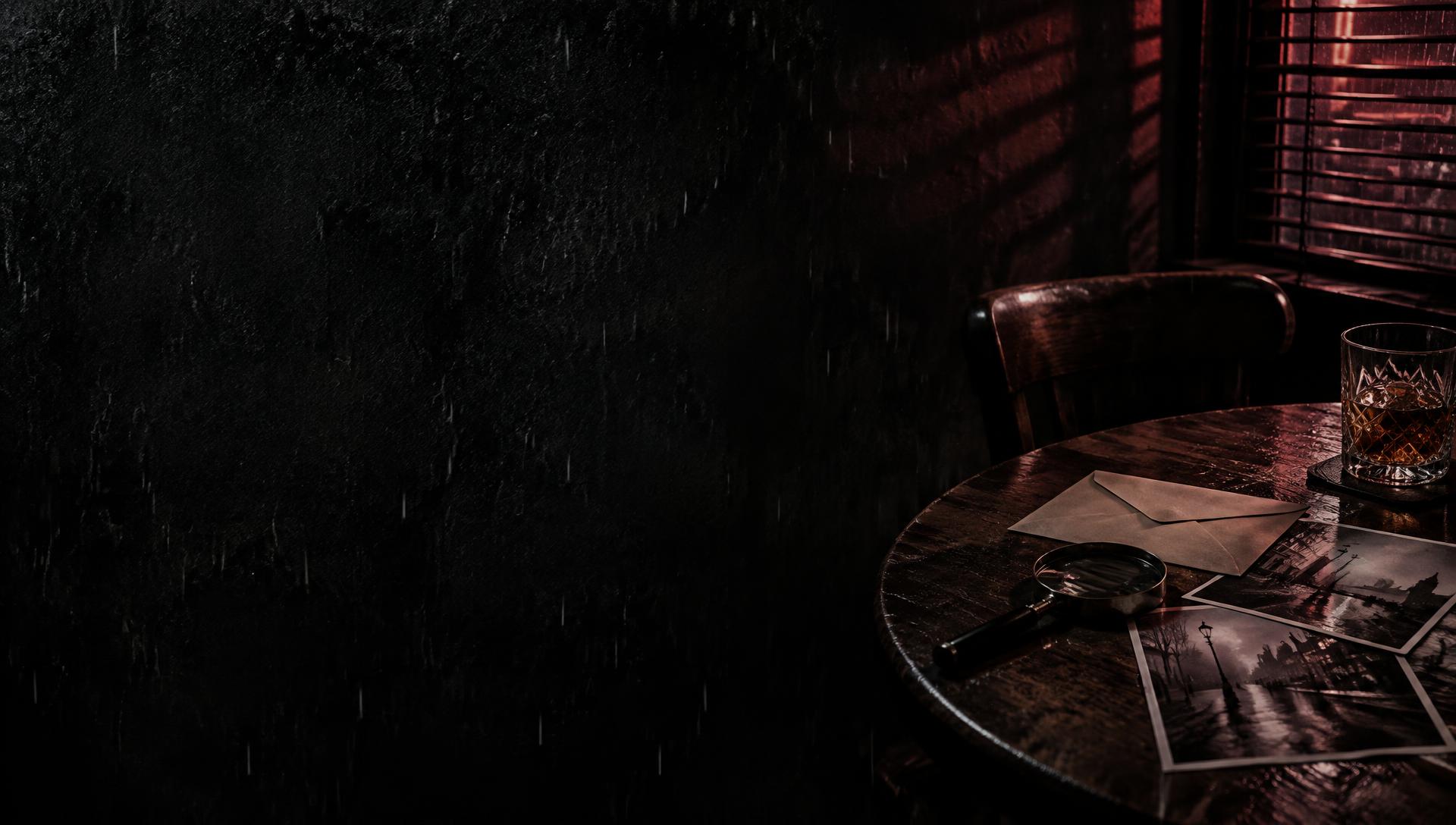 An envelope, a magnifying glass and photographs on a shadowy pub table